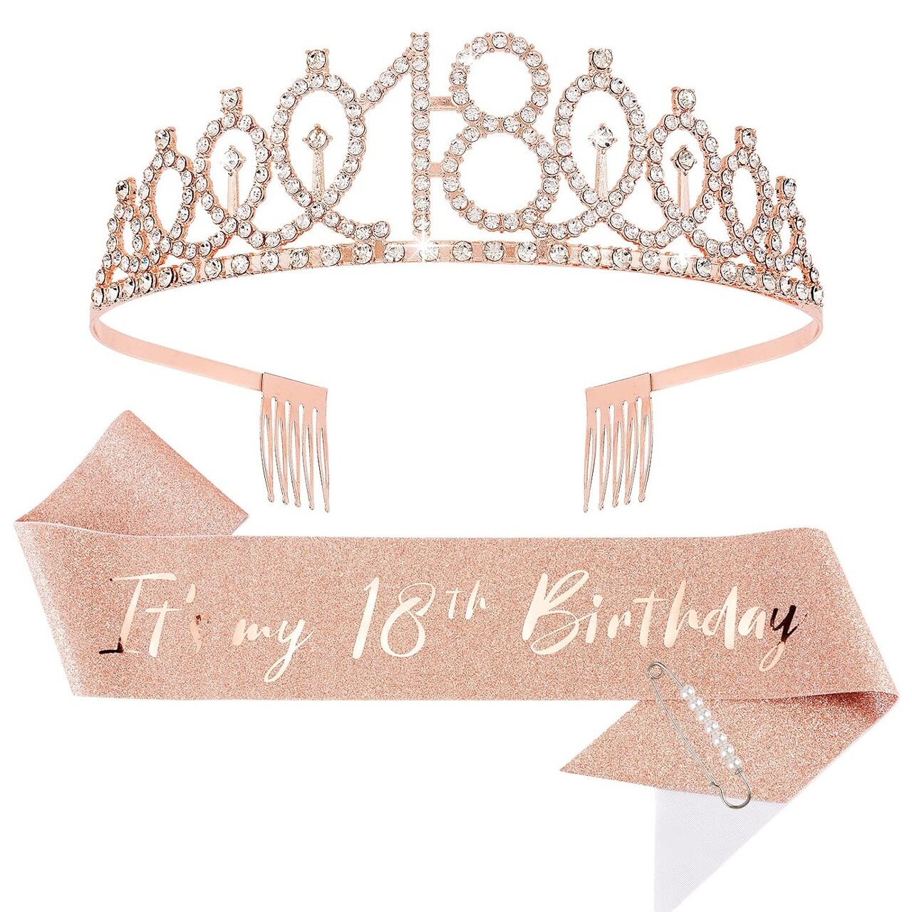 18th Birthday Crown and Sash + Pearl Pin Set, 18th Birthday Decorations for Girls 18th Birthday Gifts 18th Birthday Sash and Tiara 18th Birthday Cake Topper, It's My 18th Birthday, Happy 18th Birthday